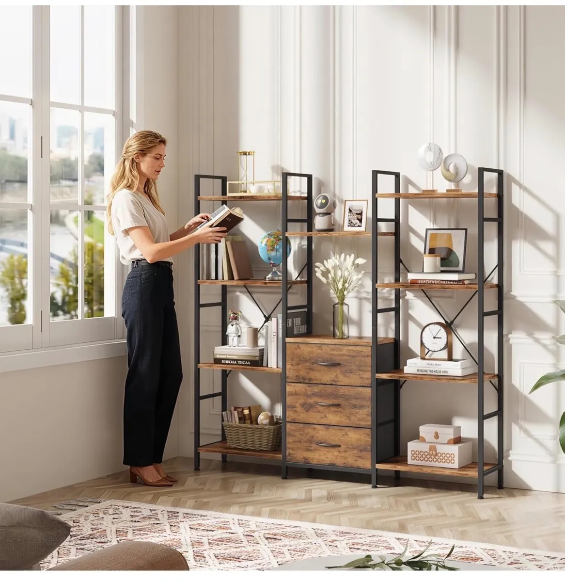 4-Tier Bookcase with Drawers, 100cm Wide Rustic Br - Image 4