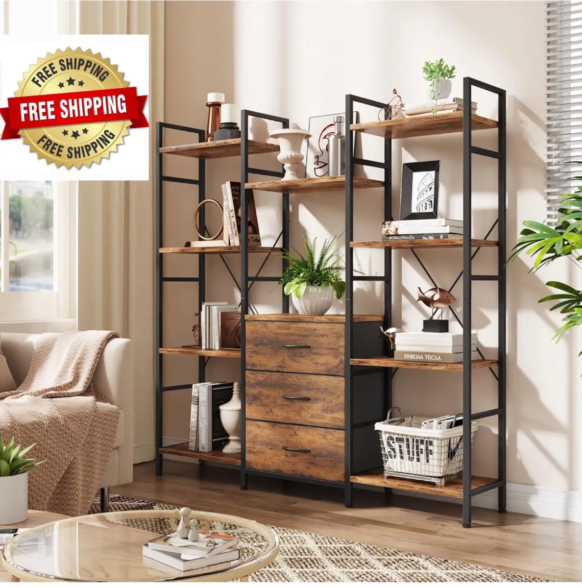 4-Tier Bookcase with Drawers, 100cm Wide Rustic Br - Image 2