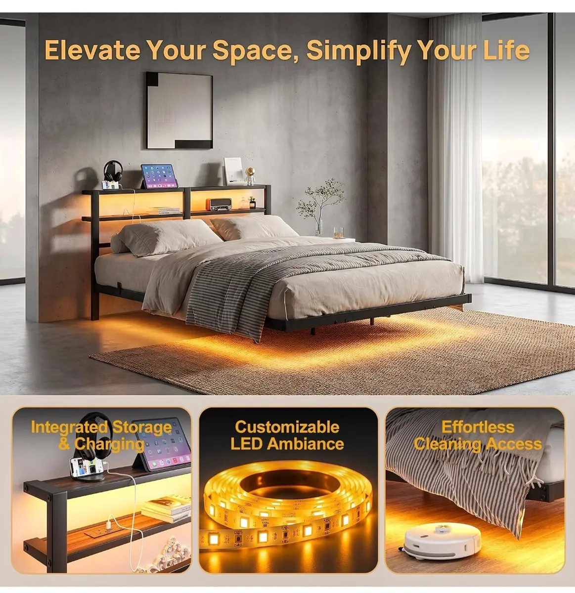 4ft6 Floating Metal Platform Bed Frame with Walnut - Image 2