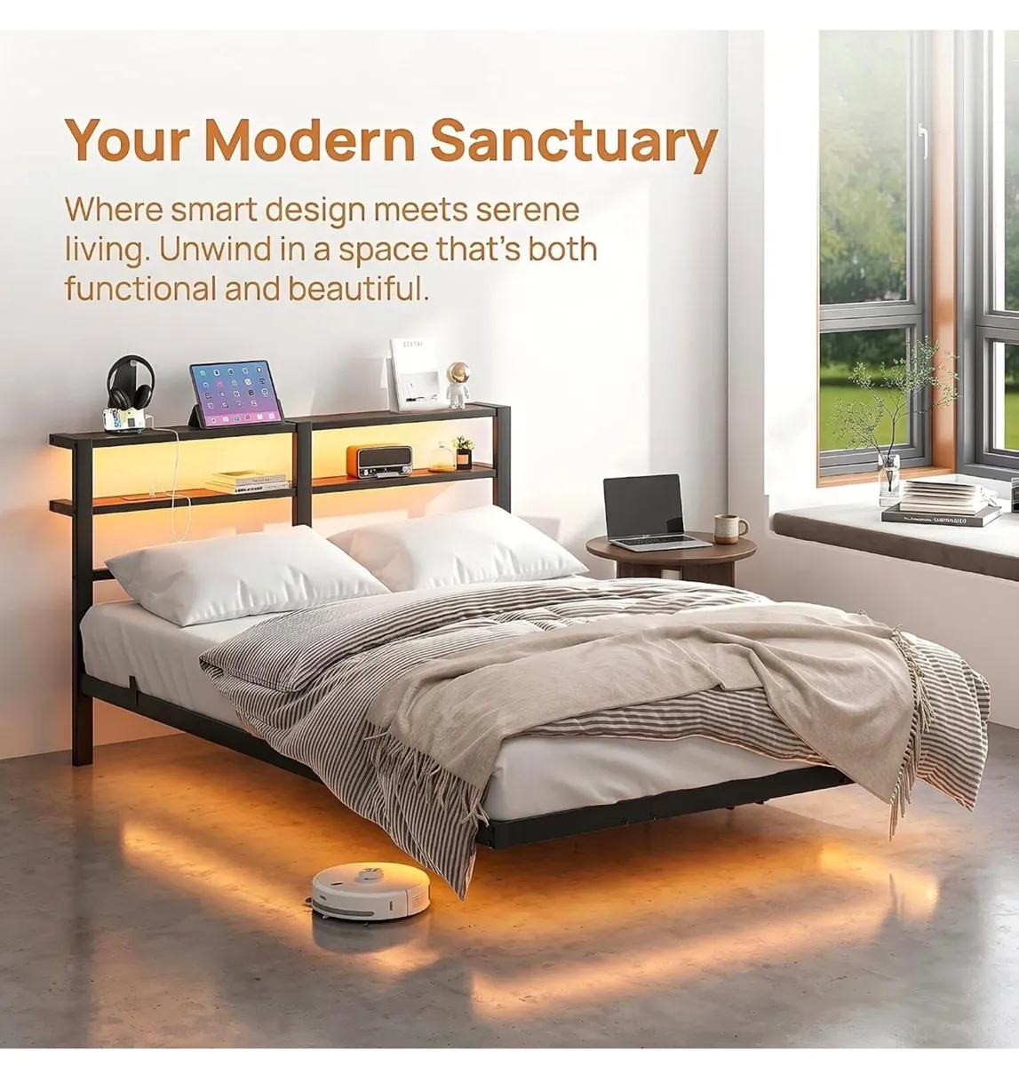 4ft6 Floating Metal Platform Bed Frame with Walnut - Image 3