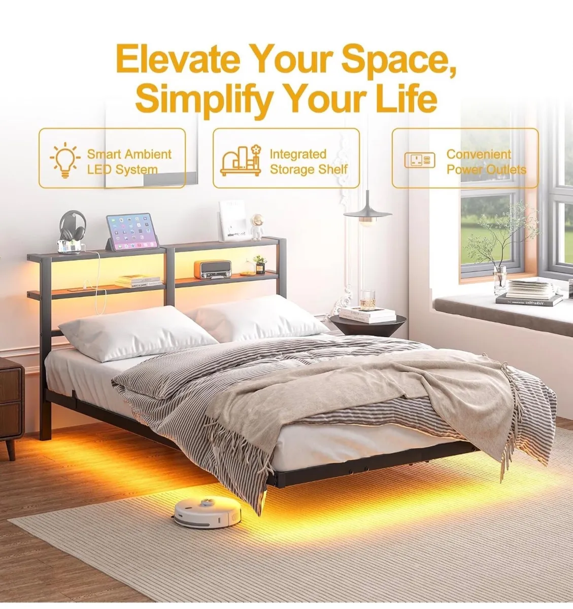 4ft6 Floating Metal Platform Bed Frame with Walnut - Image 4