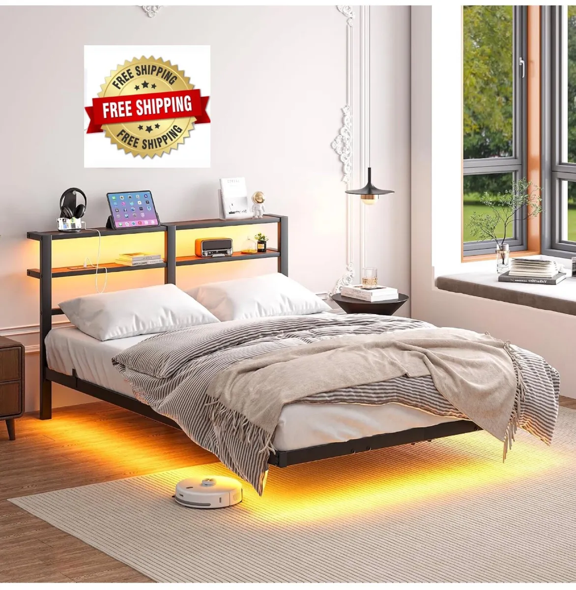 4ft6 Floating Metal Platform Bed Frame with Walnut - Image 1