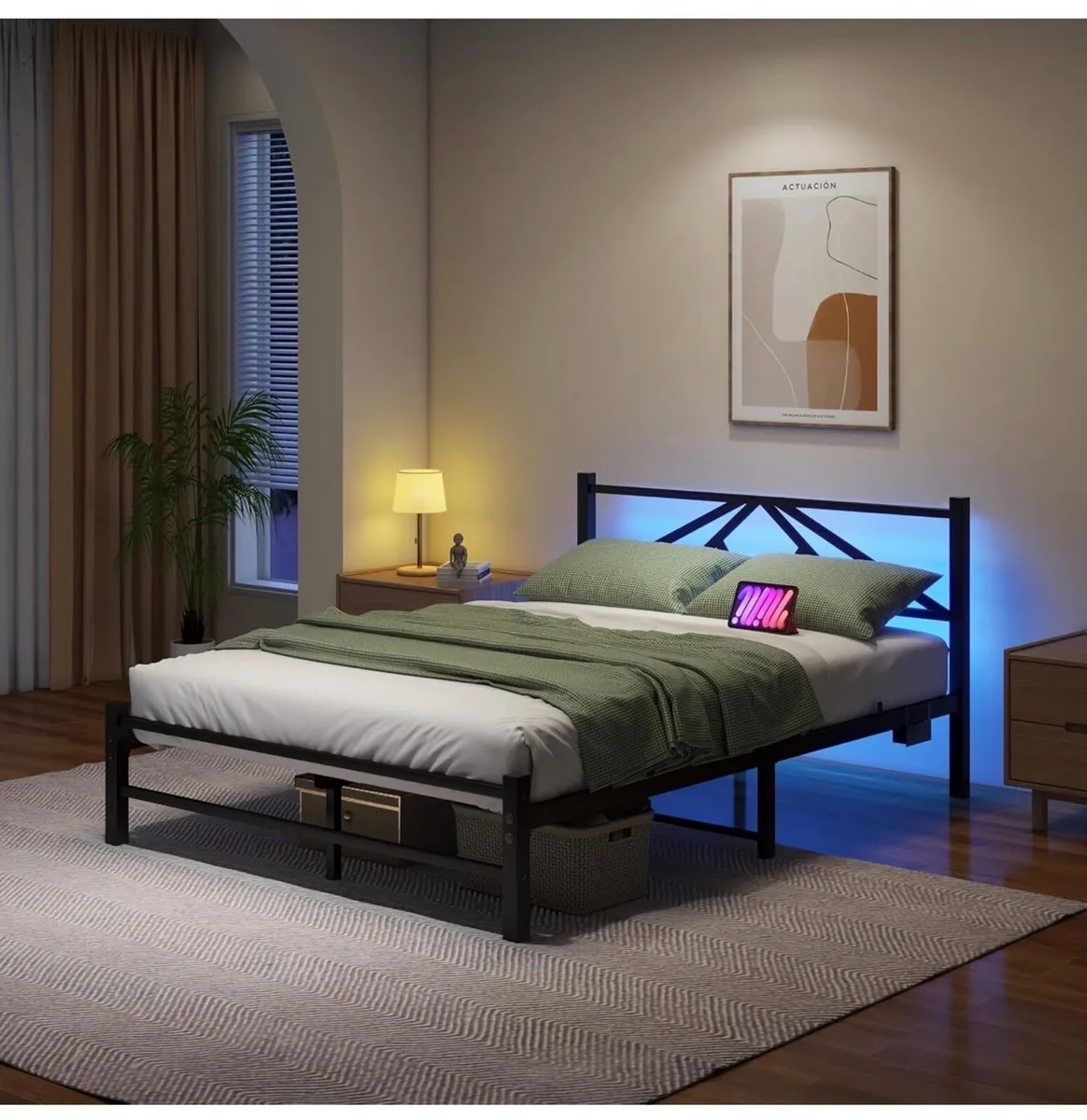 Double Bed Frame with Charging Station,LED Headboa - Image 2