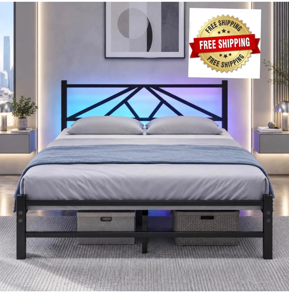 Double Bed Frame with Charging Station,LED Headboa - Image 1