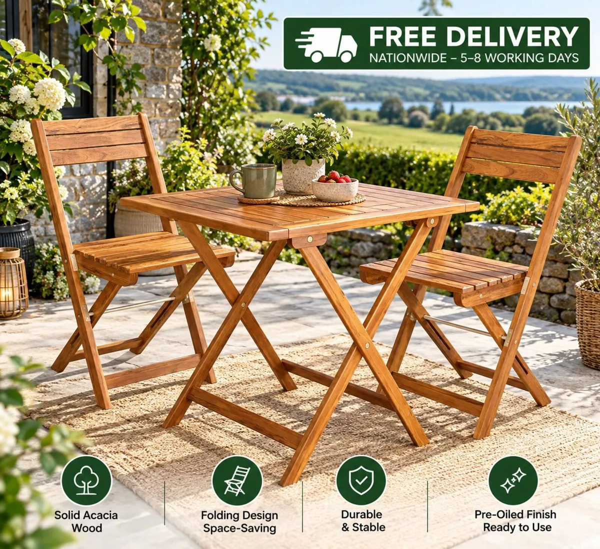 3 Piece Folding Garden Furniture Set Acacia Wood - Image 1