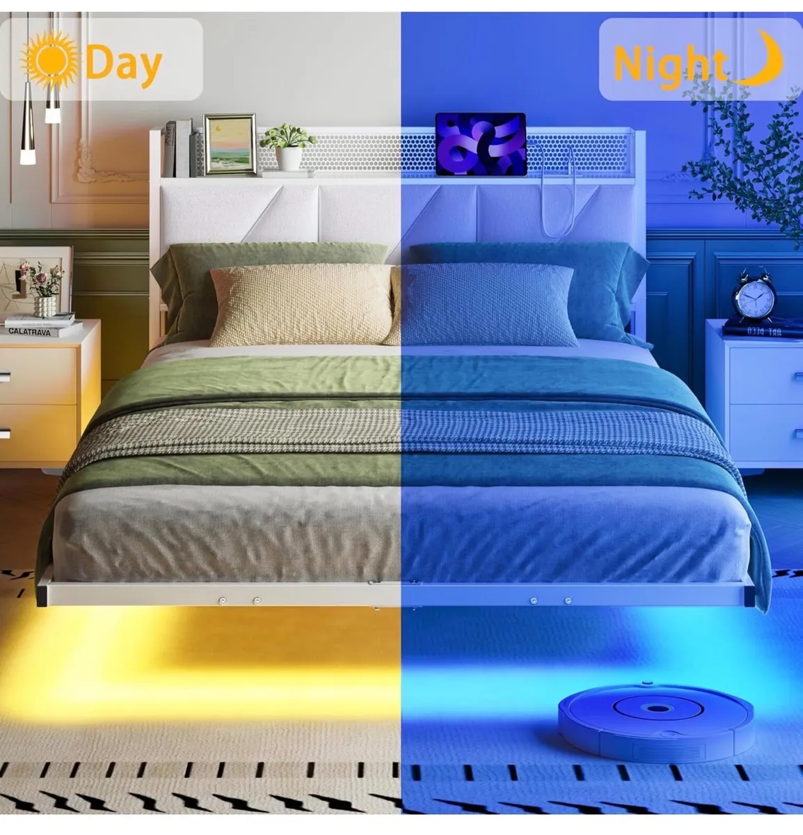 Floating Double Bed Frame with Upholstered Headboa - Image 2