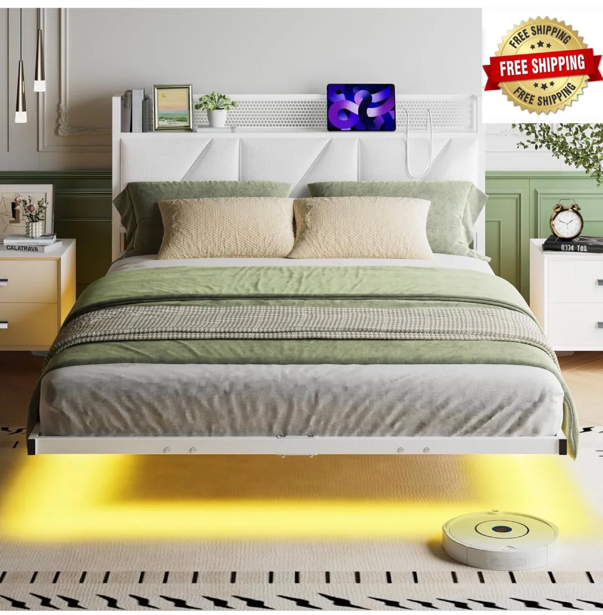 Floating Double Bed Frame with Upholstered Headboa - Image 1