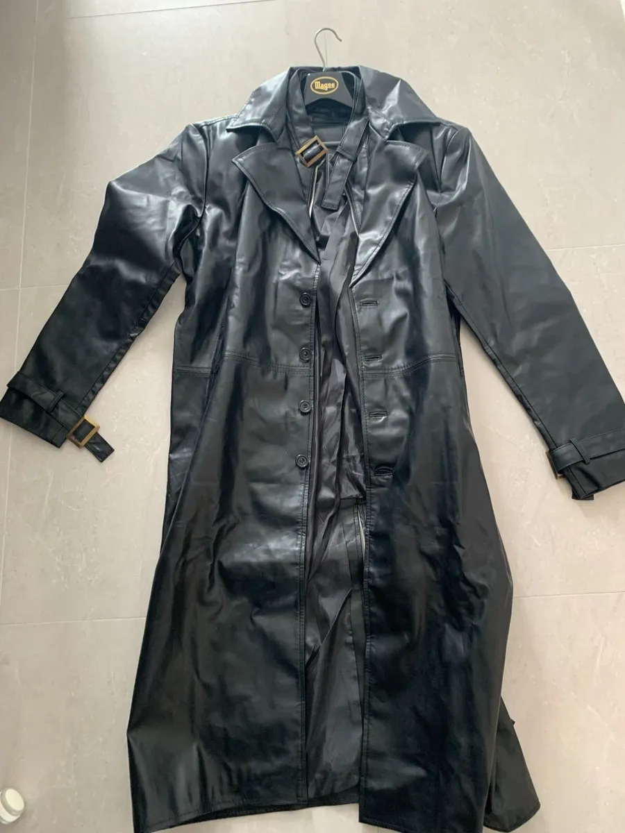 Black Faux Leather Trench Coat Full-Length - Image 2