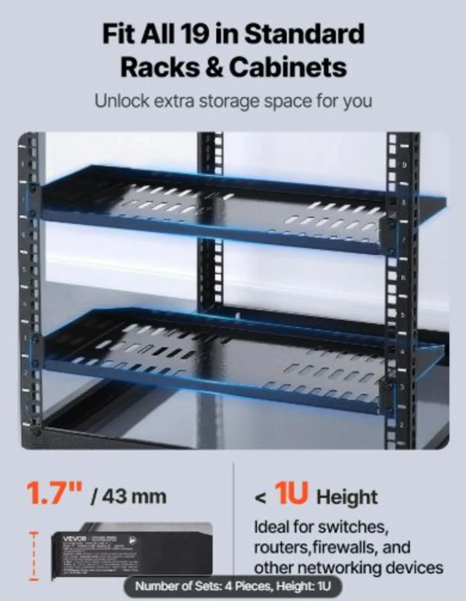 1U Server Rack Shelf, 4 PCS, 22.68 kg Max Load - Image 2