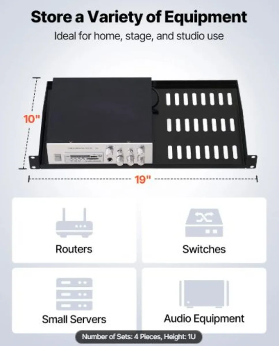 1U Server Rack Shelf, 4 PCS, 22.68 kg Max Load - Image 3
