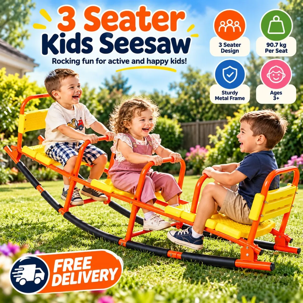 3 Seater Kids Rocking Seesaw Outdoor Metal Teeter - Image 2