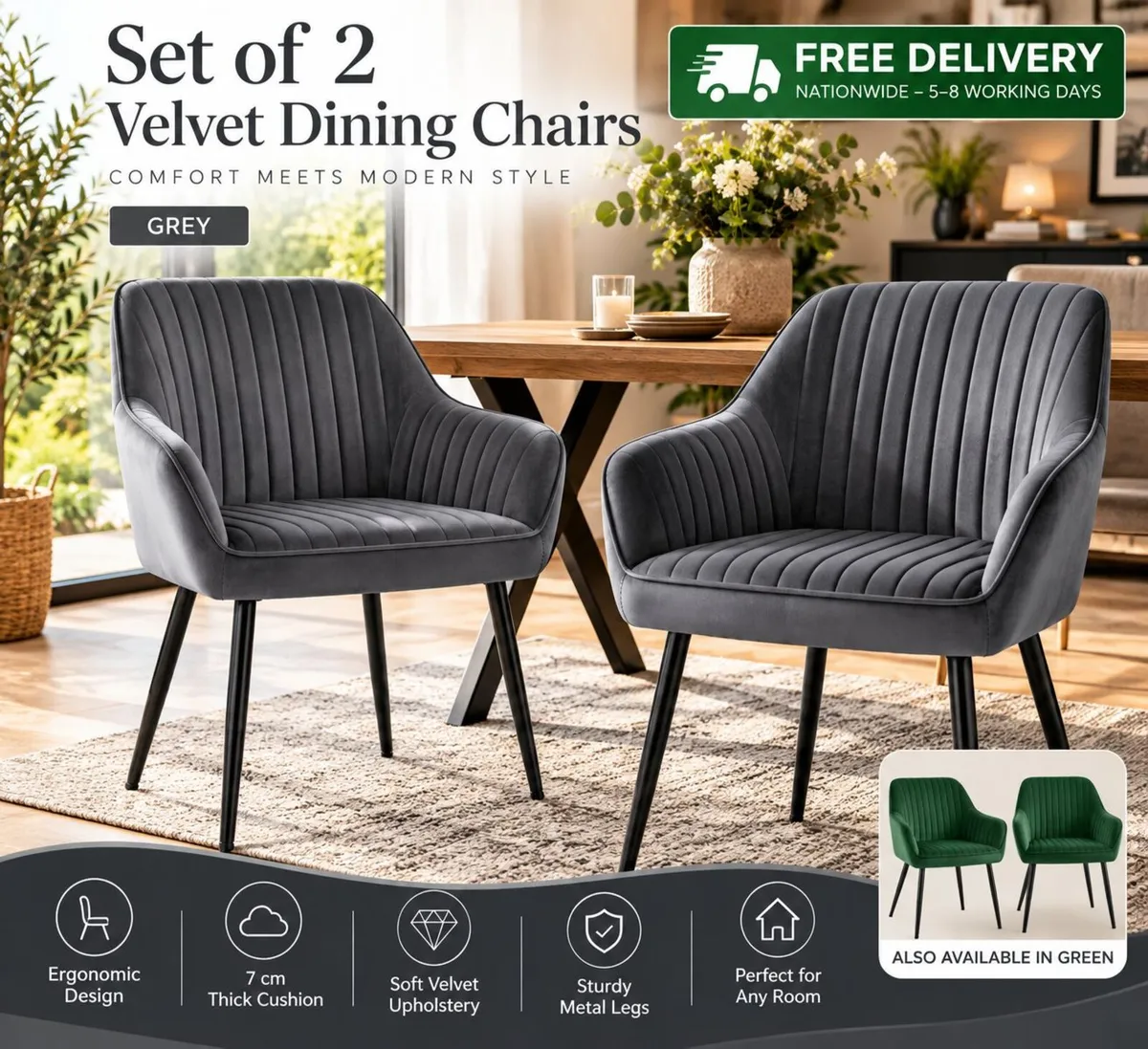 Set of 2 Velvet Dining Chairs with Armrests - Image 2