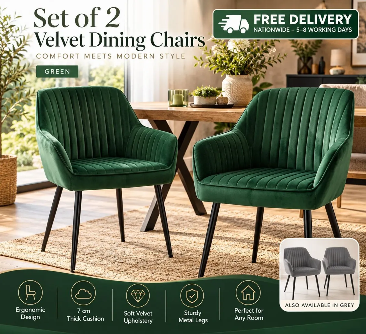 Set of 2 Velvet Dining Chairs with Armrests - Image 1