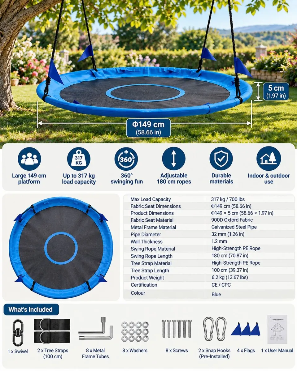 5ft Large Round Saucer Tree Swing 317kg Blue - Image 2