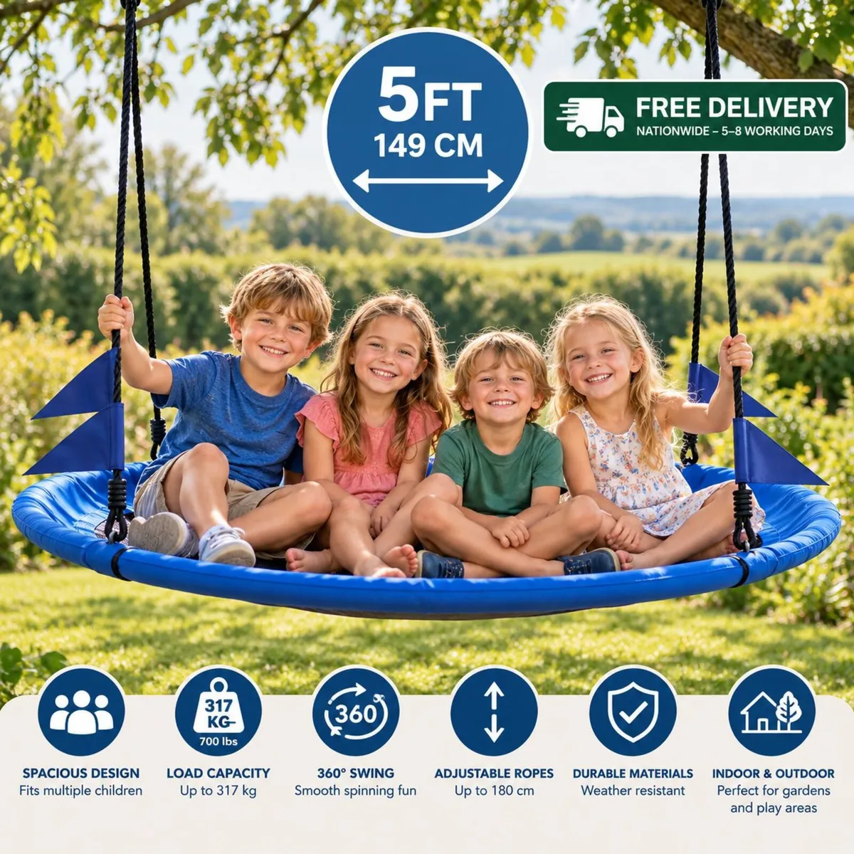 5ft Large Round Saucer Tree Swing 317kg Blue - Image 1