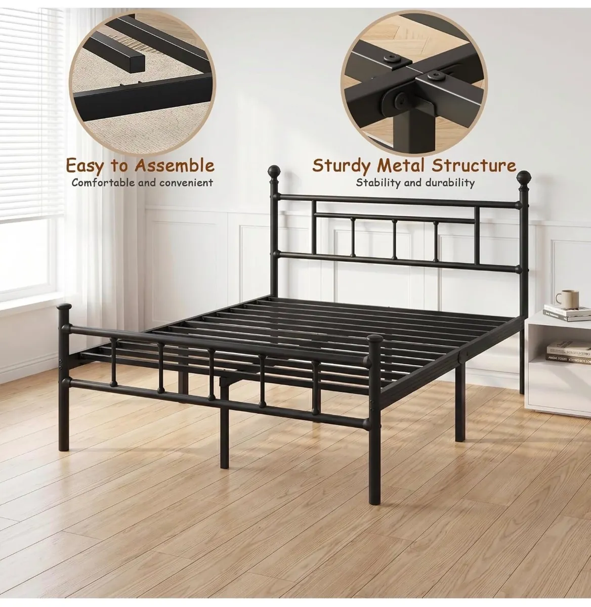 4ft6 Double Bed Frame Heavy Duty Steel Bed with He - Image 2