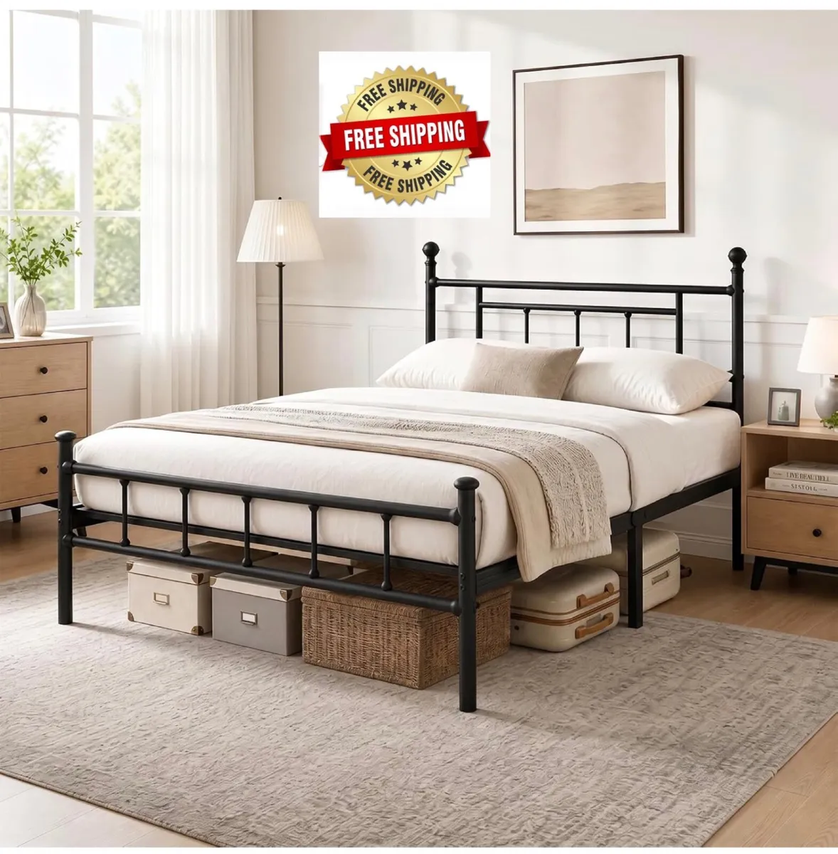 4ft6 Double Bed Frame Heavy Duty Steel Bed with He - Image 1