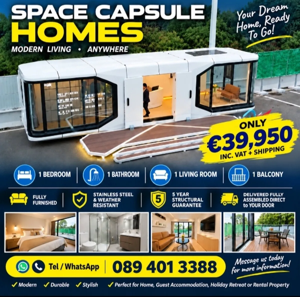 1 Bedroom, 1 Bathroom Capsule Homes Ready Built - Image 1