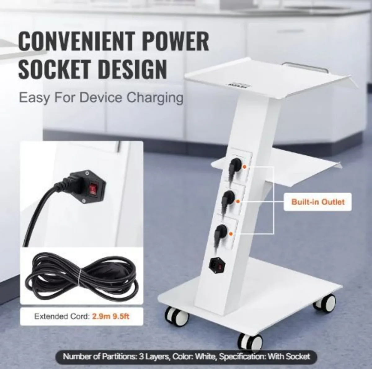 Lab Trolley, Rolling Lab Cart with Built-in Socke - Image 4