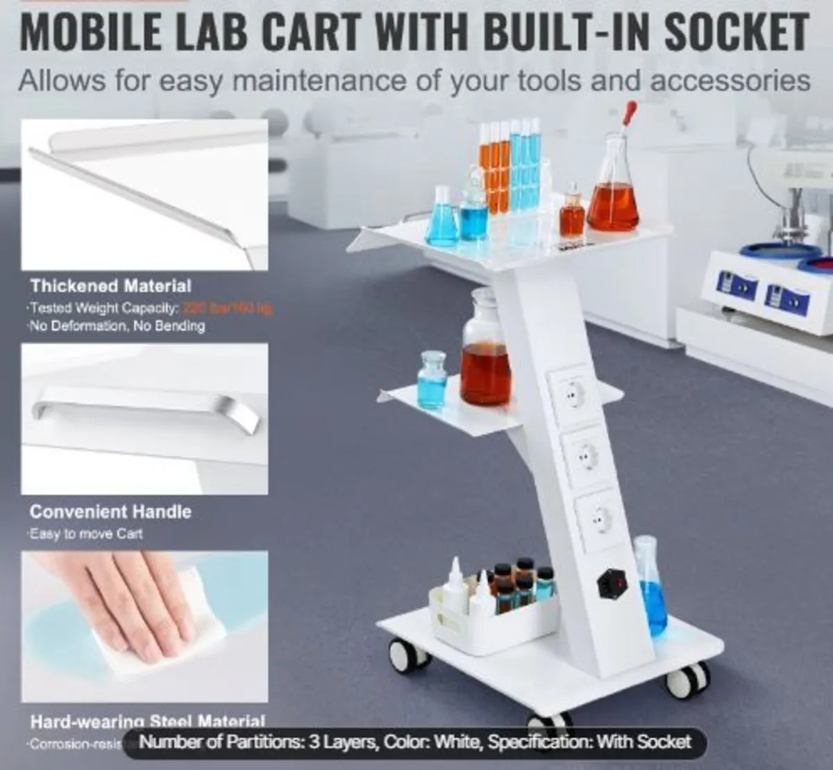 Lab Trolley, Rolling Lab Cart with Built-in Socke - Image 2