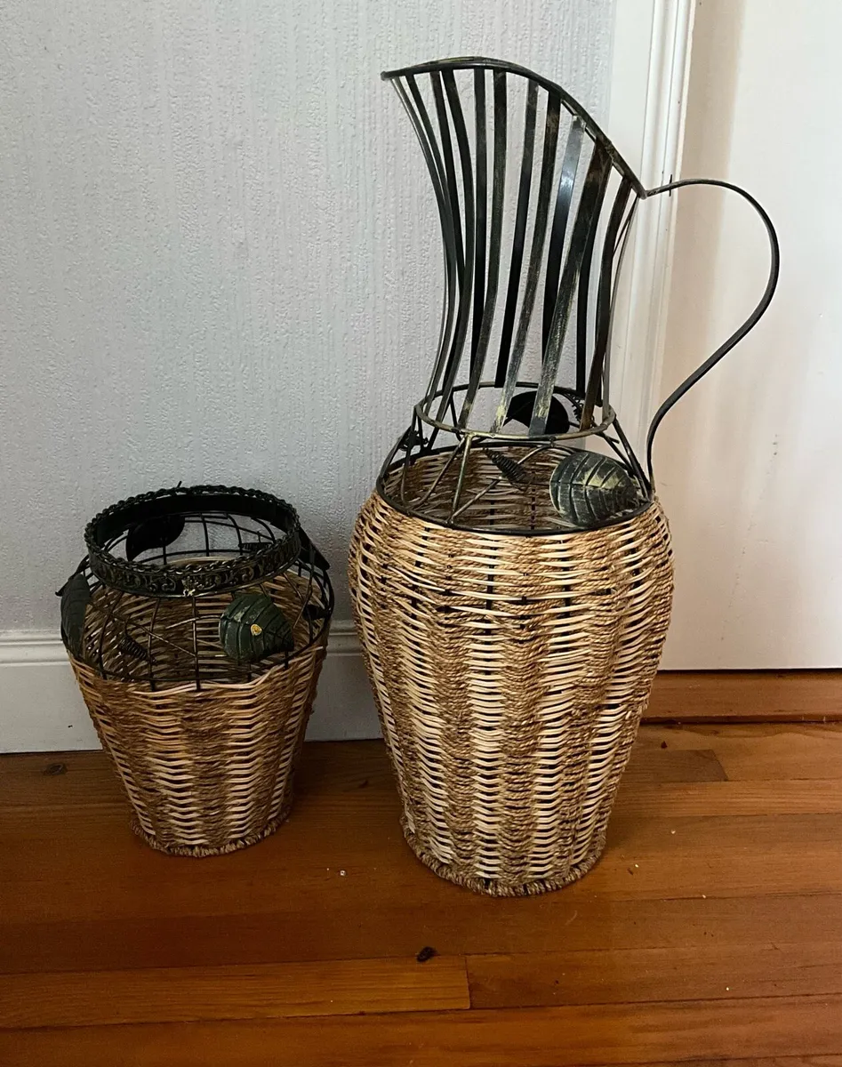 Tall Woven Wicker Floor Vase & Matching Basket - Image 1
