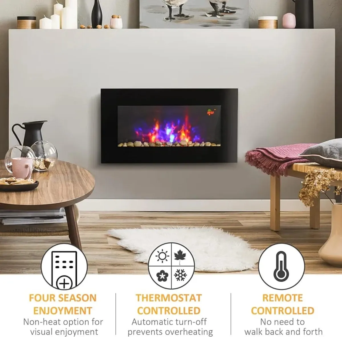 900W/1800W Electric Wall Fireplace with LED Flame - Image 4