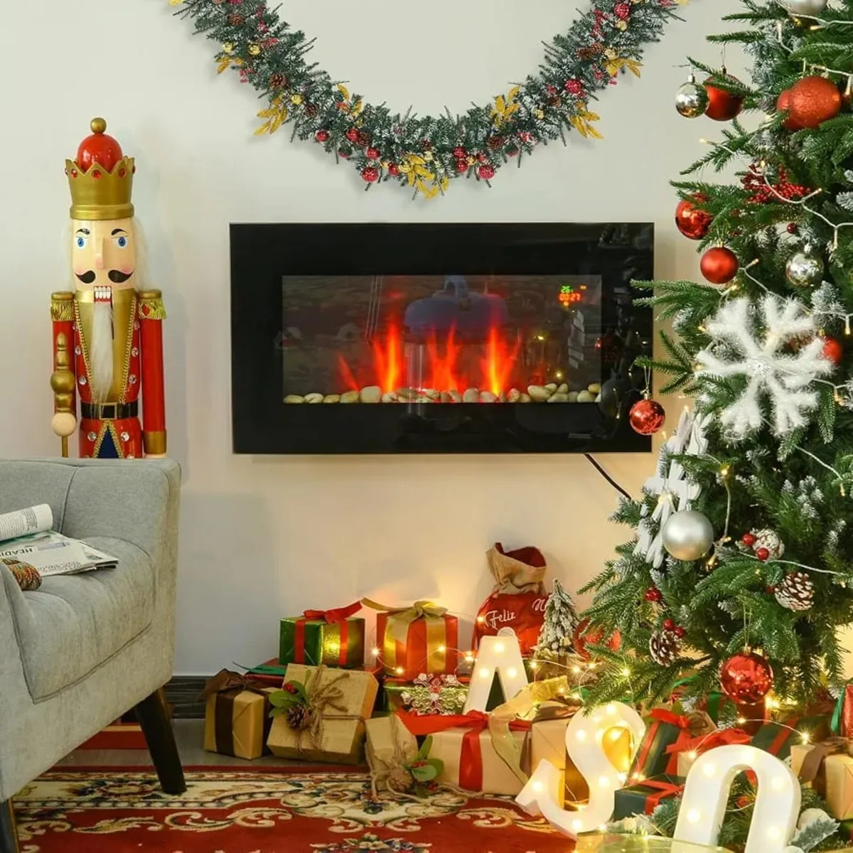 900W/1800W Electric Wall Fireplace with LED Flame - Image 2