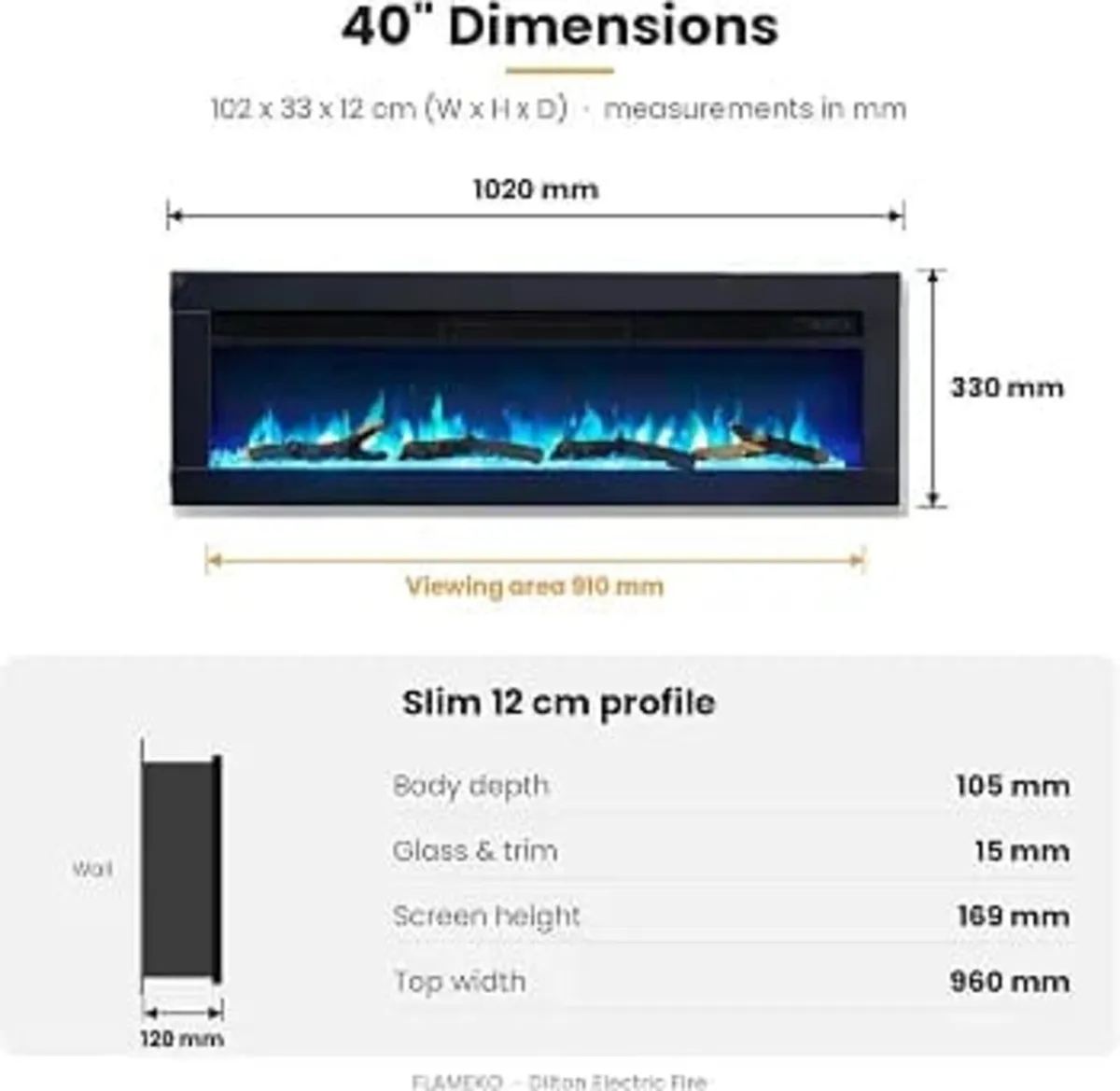 40" Media Wall Electric Fire, Wall Mounted Firepla - Image 2