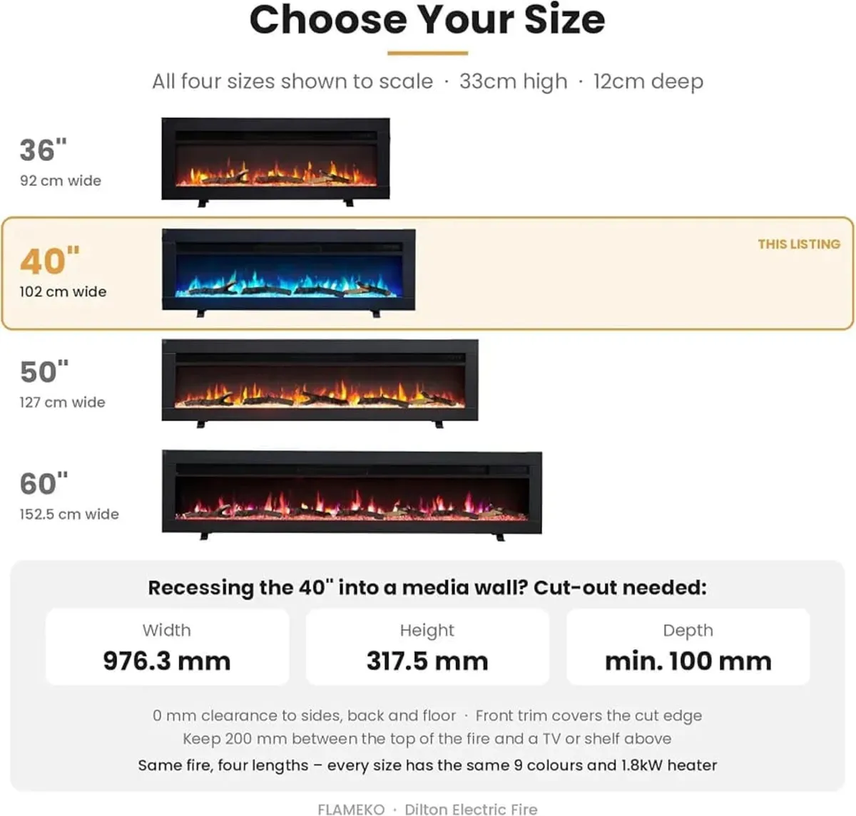 40" Media Wall Electric Fire, Wall Mounted Firepla - Image 4