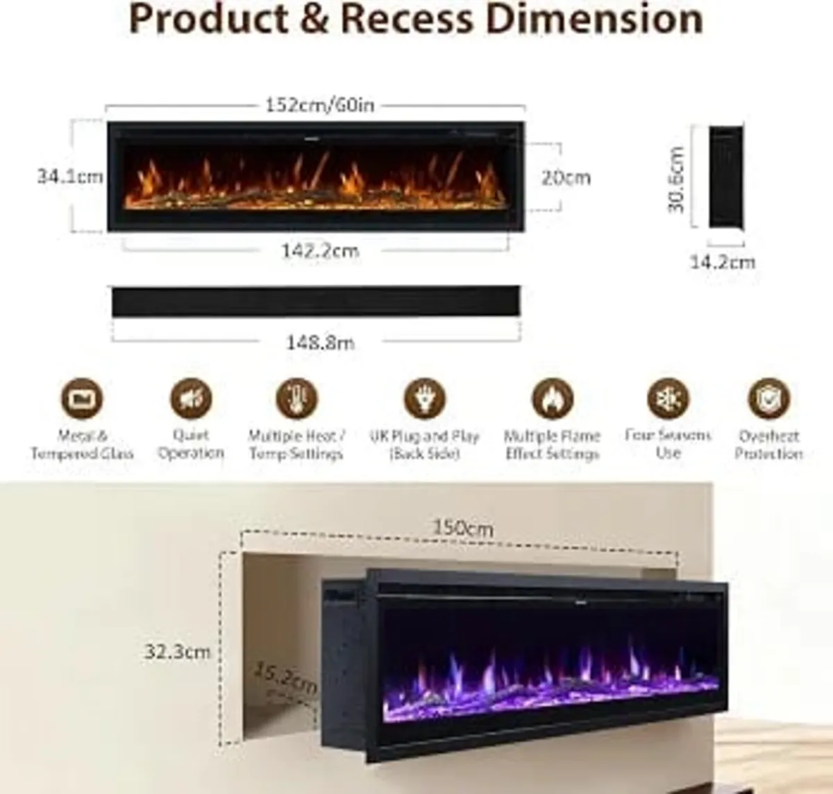 3 IN 1 Electric Fire 152cm/60" Wall Mounted/Recess - Image 3