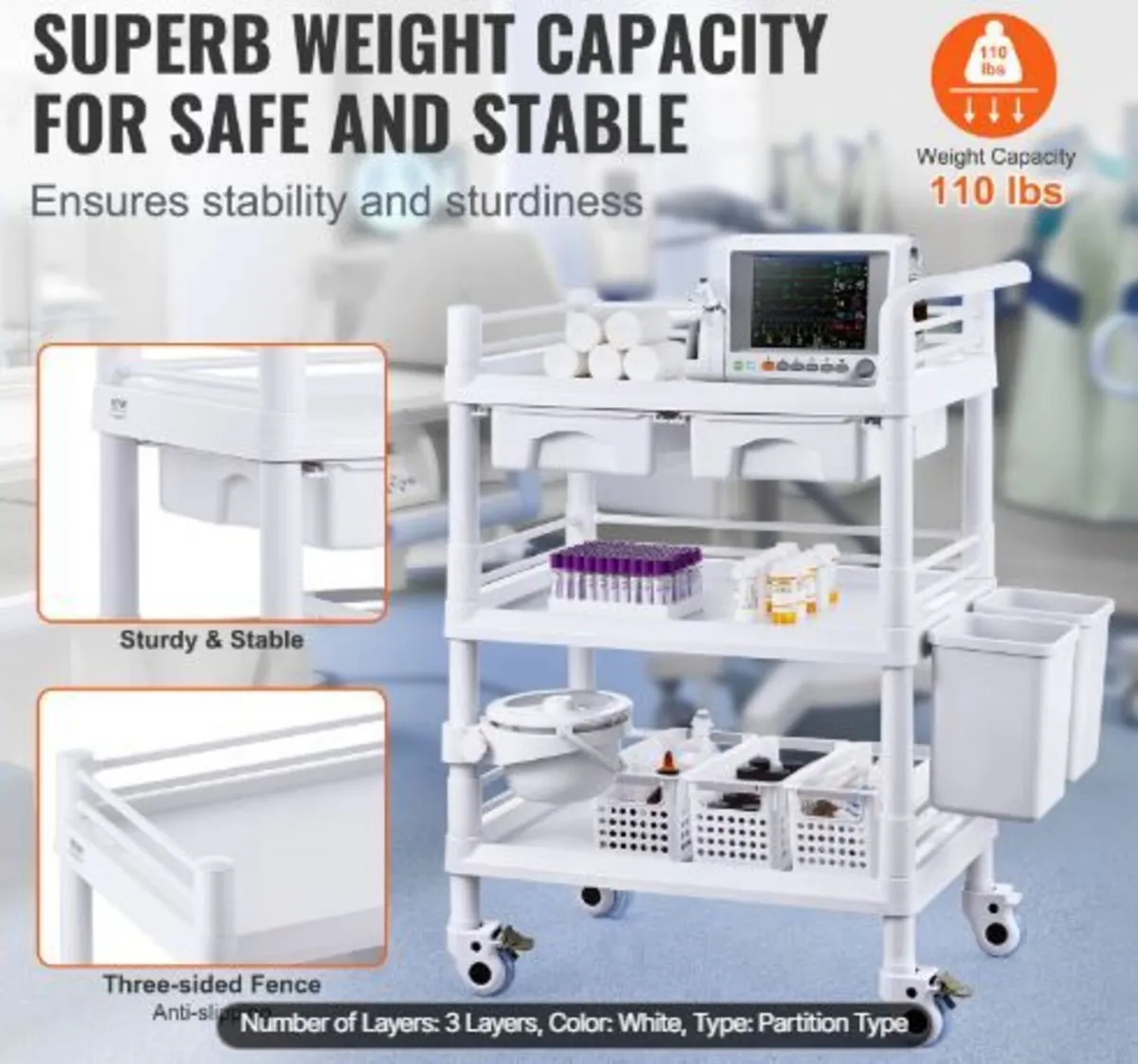 3 Tiers Lab Carts, Lab Utility Cart - Image 1