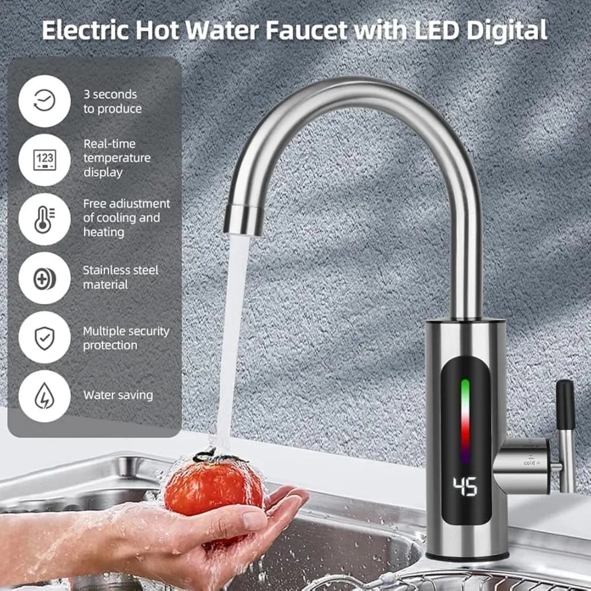 Hot Water Tap 220V 3000W, Electric Tap with LED Di - Image 3
