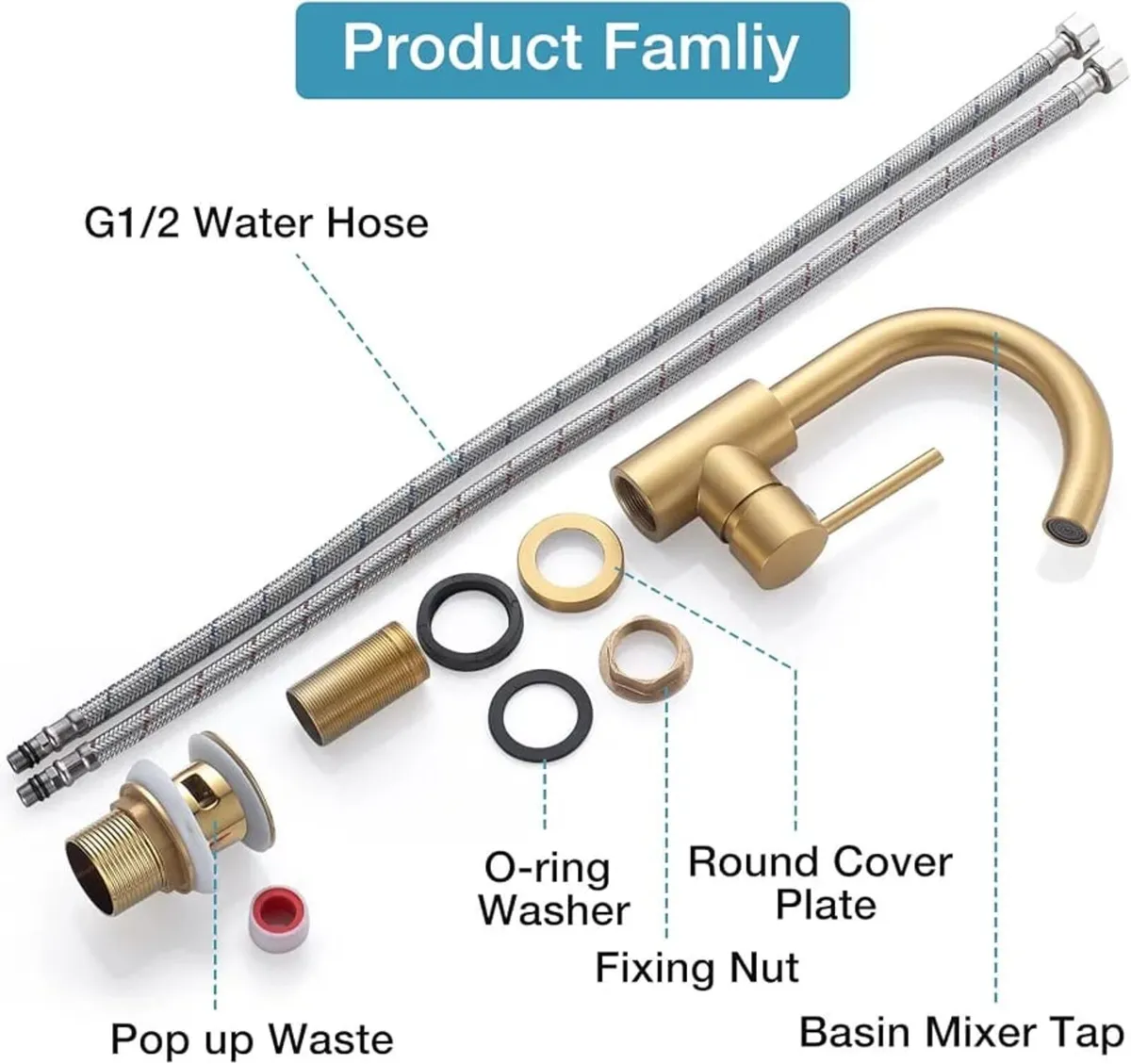 Gold Basin Mixer Tap with Pop up Waste, Gold Bathr - Image 2