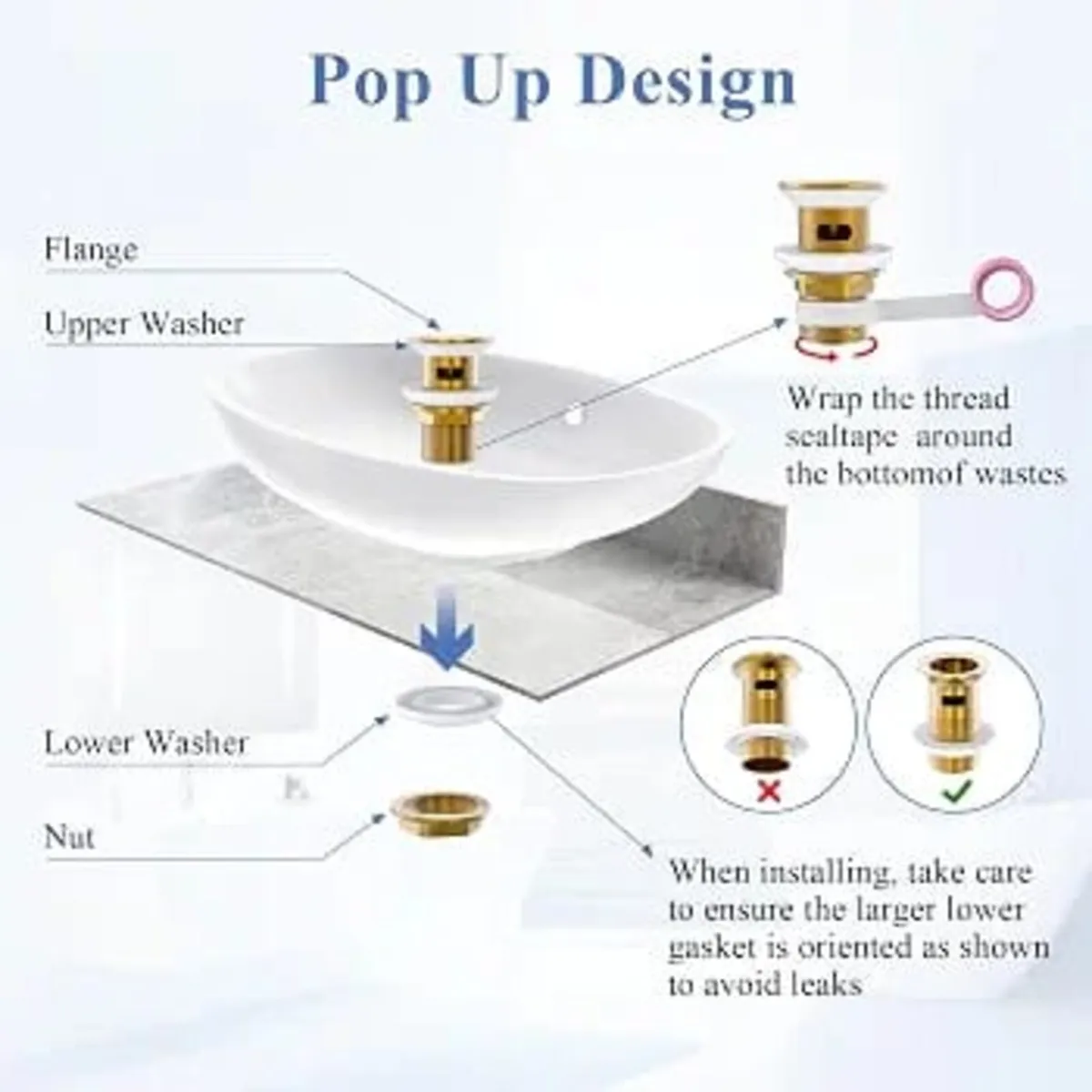 Gold Basin Tap with Waste, Bathroom Mixer Tap Gold - Image 2