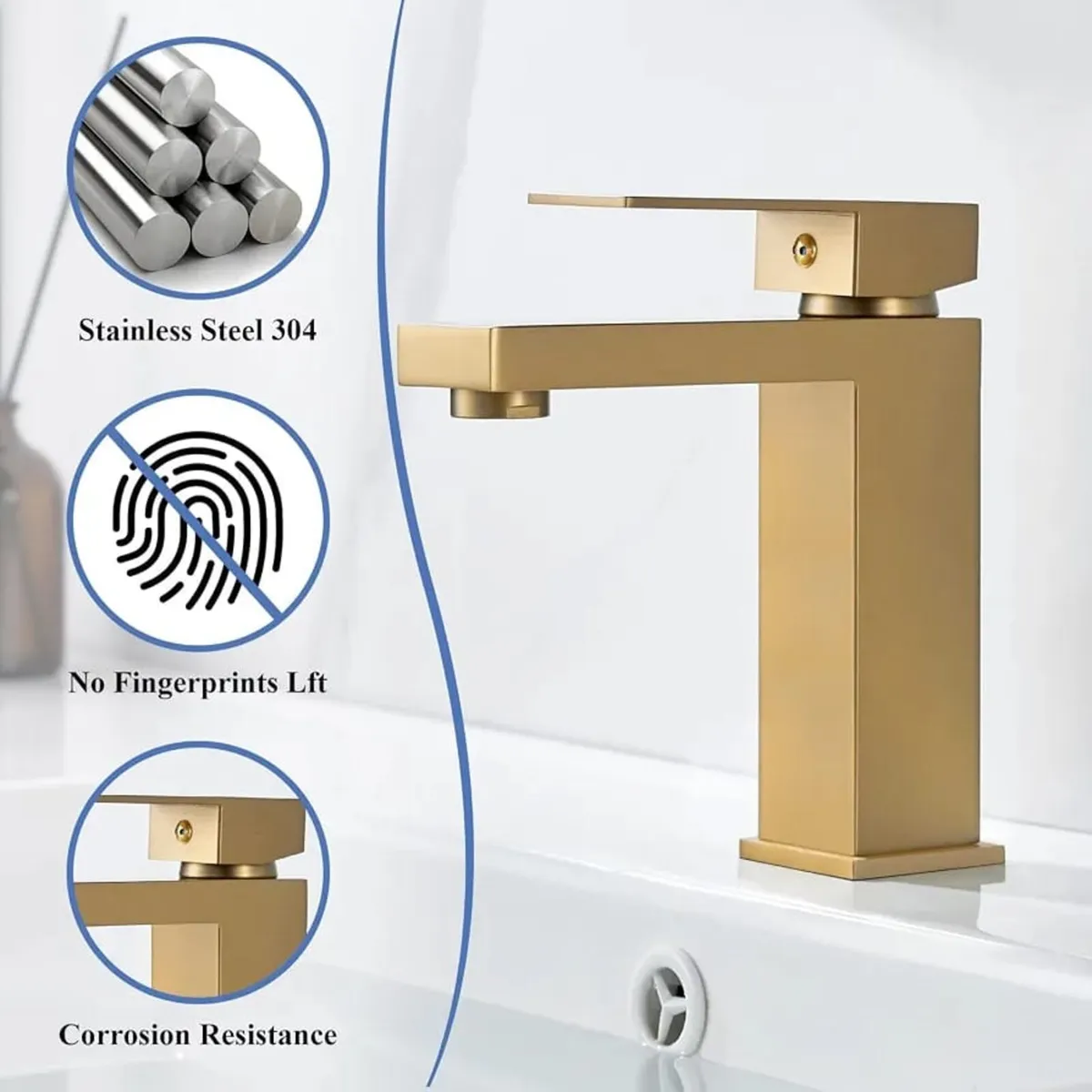 Gold Basin Tap with Waste, Bathroom Mixer Tap Gold - Image 3