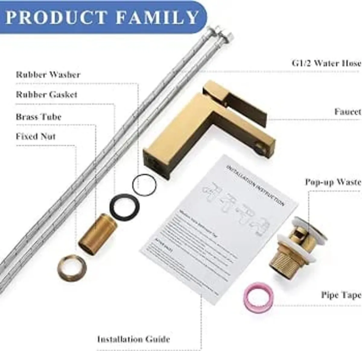 Gold Basin Tap with Waste, Bathroom Mixer Tap Gold - Image 4