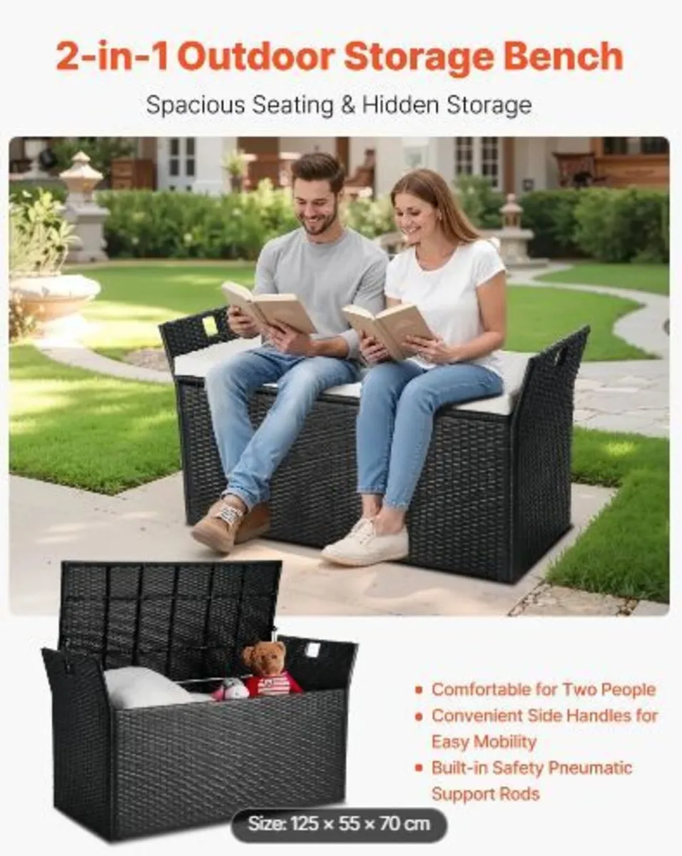 Outdoor Storage Bench, 2-Person PE Rattan - Image 2