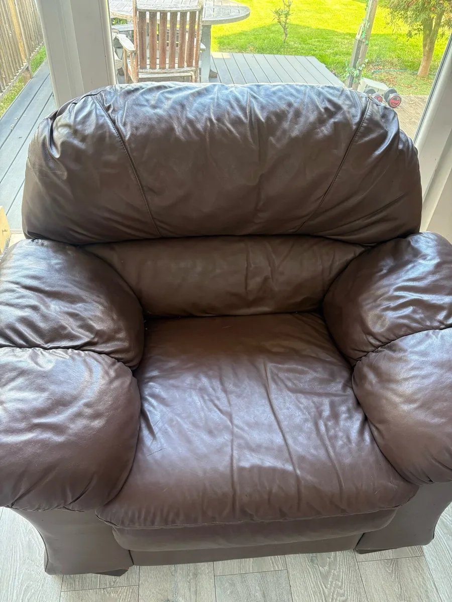 3 Seater Brown Leather Couch & Armchair - Image 3
