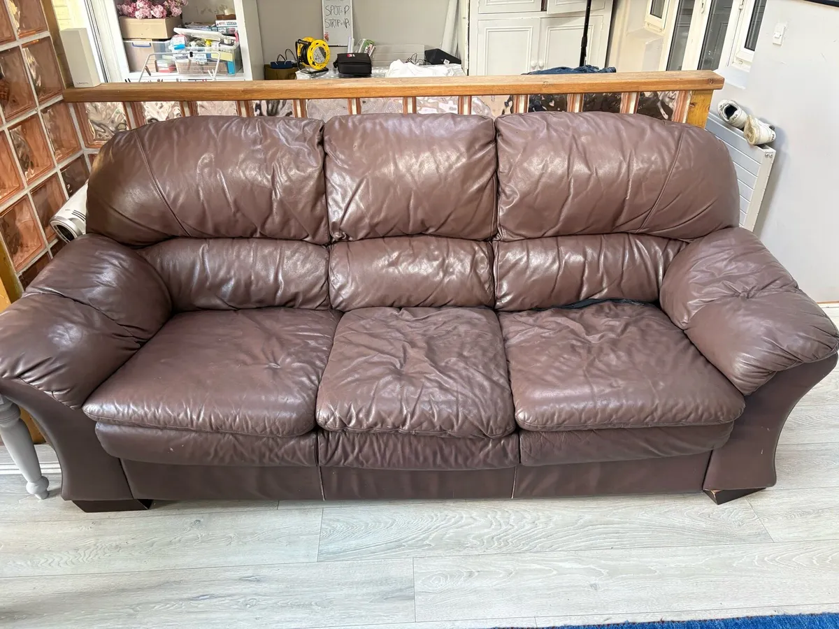 3 Seater Brown Leather Couch & Armchair - Image 1