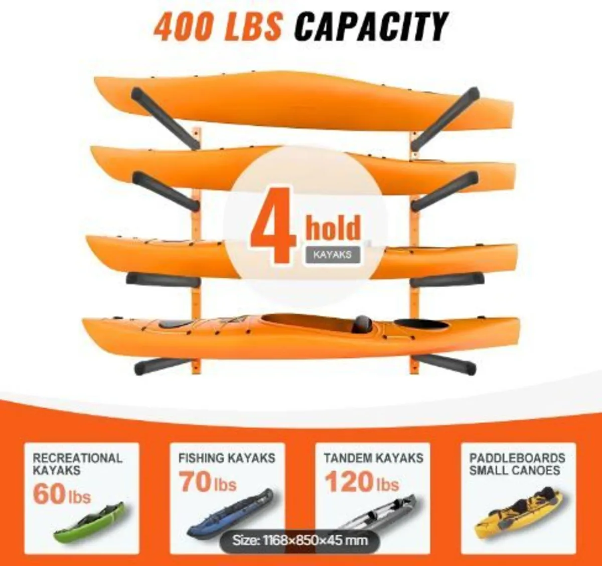 Wall Kayak Storage Rack, 4-Capacity Wall - Image 2