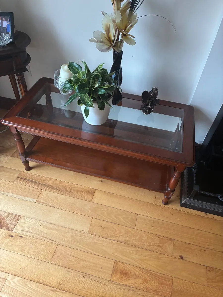 Solid wooden coffee table with glass top - Image 1