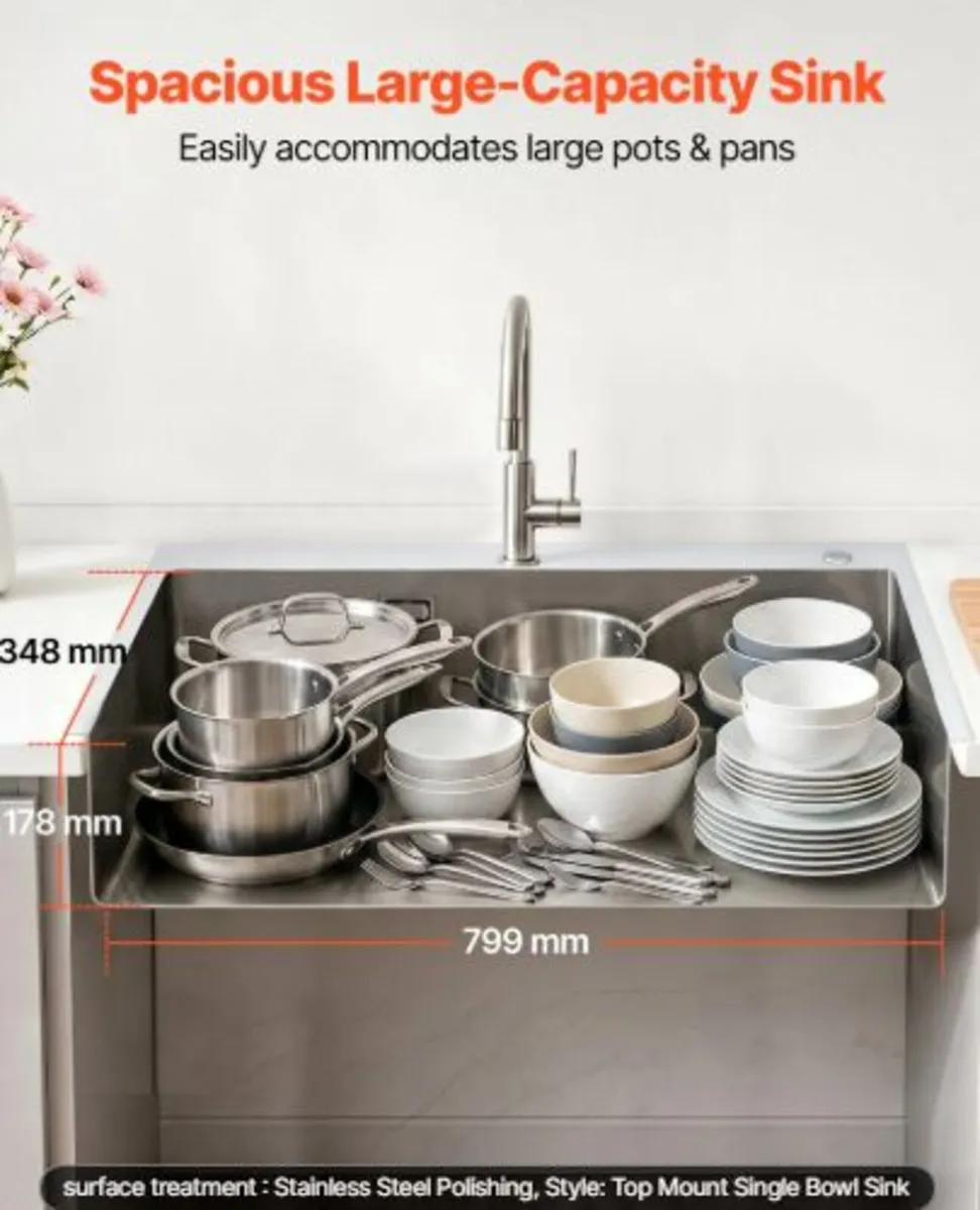 85cm Kitchen Top Mount Single Bowl Sinks, Stainles - Image 2