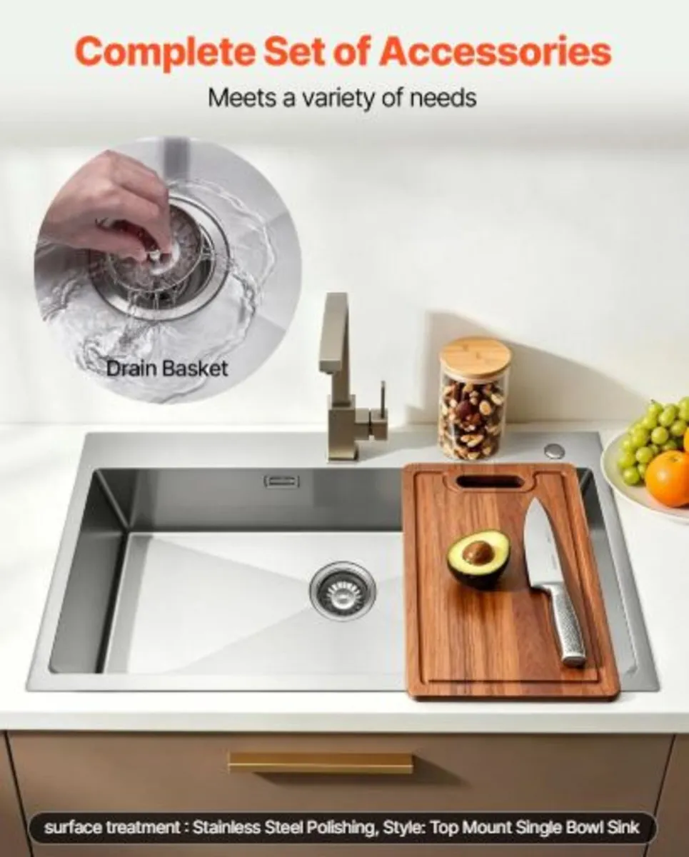 85cm Kitchen Top Mount Single Bowl Sinks, Stainles - Image 3