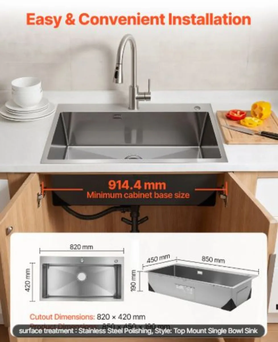 85cm Kitchen Top Mount Single Bowl Sinks, Stainles - Image 4