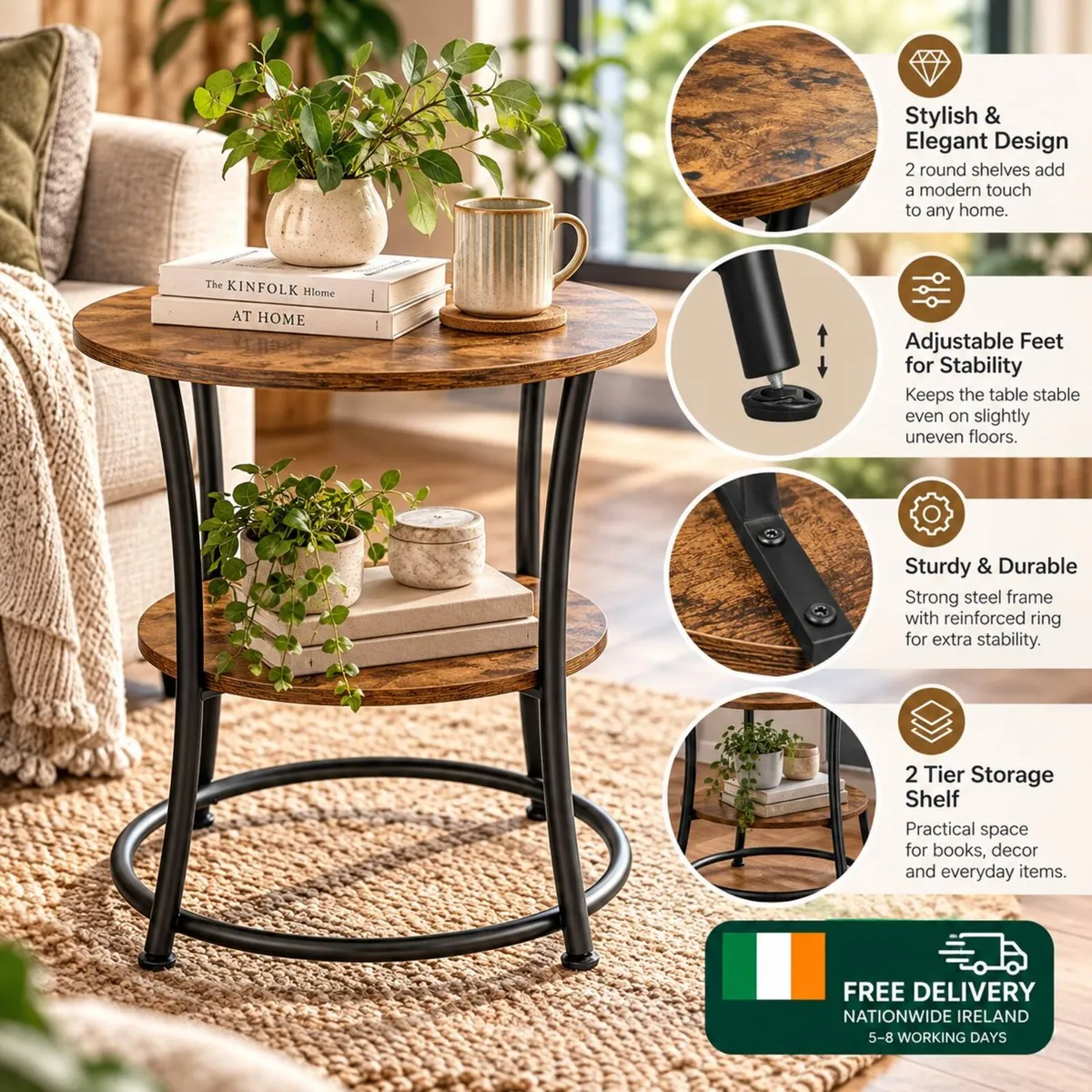 Round Industrial Side Table with 2 Tier Storage Sh - Image 3