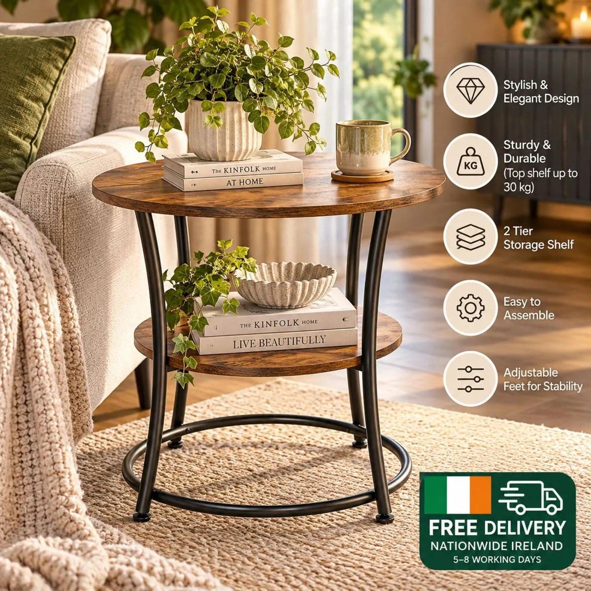 Round Industrial Side Table with 2 Tier Storage Sh - Image 1