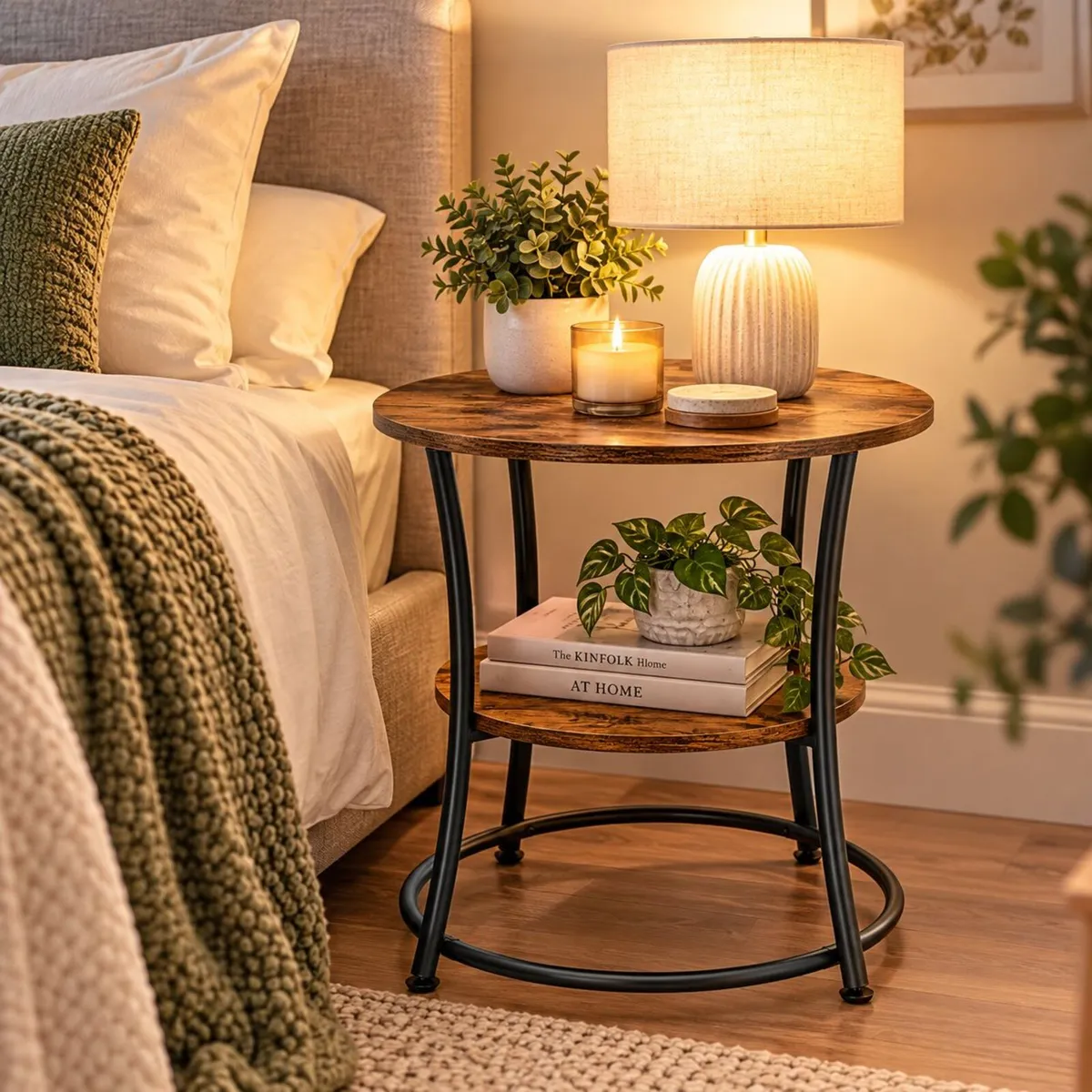 Round Industrial Side Table with 2 Tier Storage Sh - Image 2