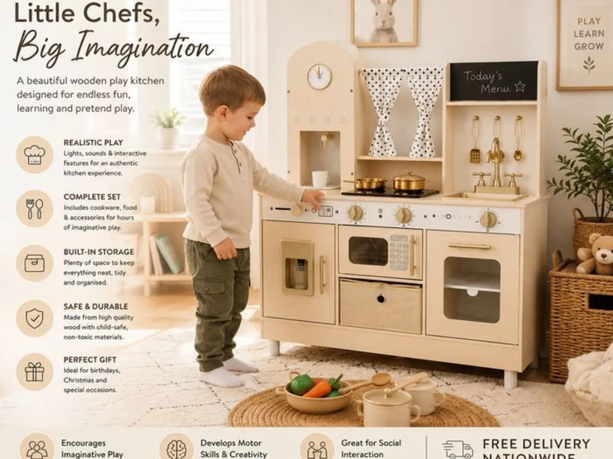 Wooden Kids Play Kitchen with Lights and Sounds Cr - Image 3