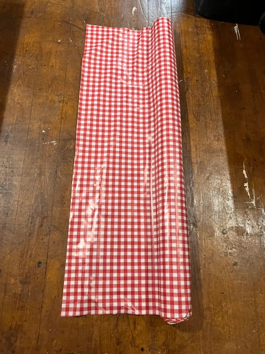 Large Red & Blue Plaid Oilcloth Roll Lot Approx. 7 - Image 3