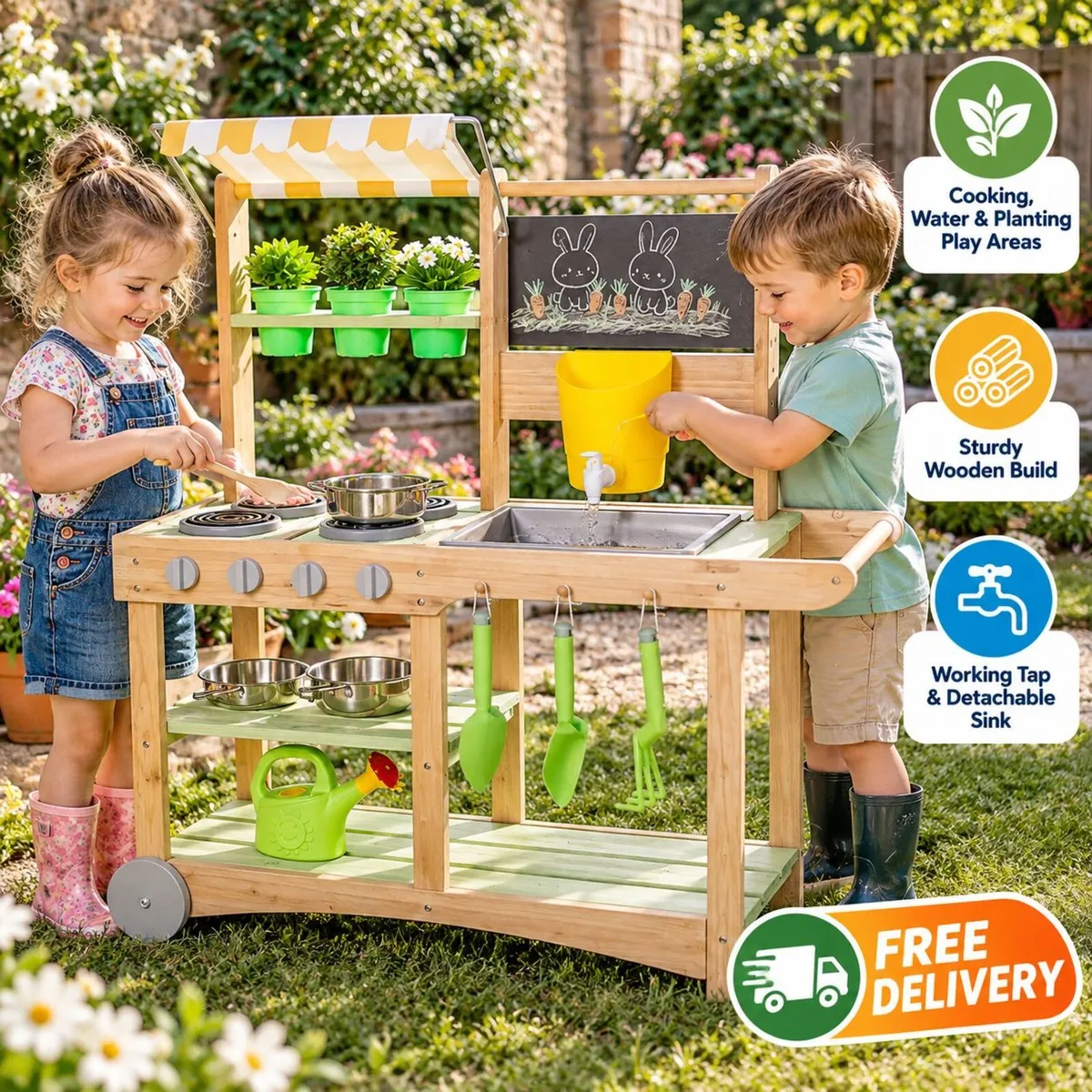 Wooden Kids Outdoor Mud Kitchen with Water Tap, Si - Image 1